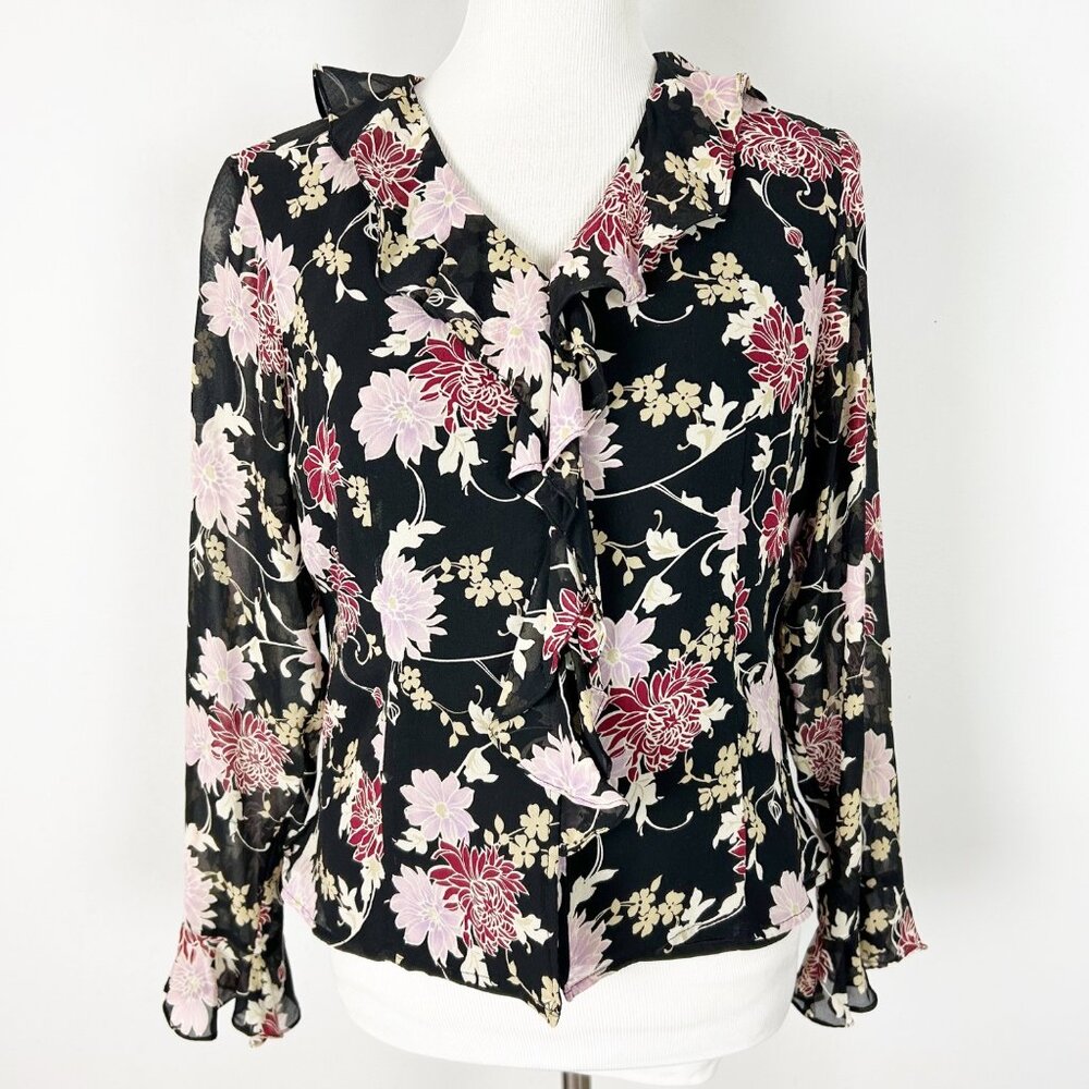 Vtg Y2K 90s Laura Ashley Floral Silk Blouse Ruffle Billowy Boho Size 10 Women's